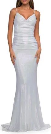 La Femme Metallic Prom Dress with Ruching and Illusion Back in Ivory at Nordstrom, Size 00