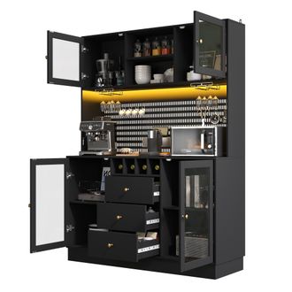 STILVORA Vetrina Da Cucina Con Cassetto, Ripiani Regolabili, Portabicchieri E Led, In Mdf E Vetro, Nero, 140x40x185,7 Cm