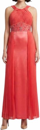 Sue Wong Halter-Style Beaded Waist Accordion Dress In Persimmon