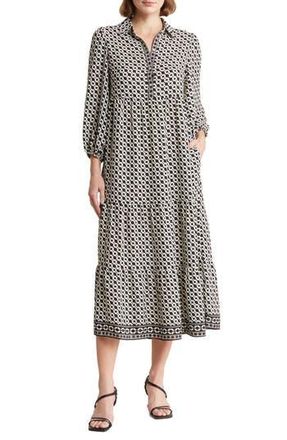 Max Studio Crepe Tiered Maxi Dress in Blk/Ivry Dgnl Strp Trgt at Nordstrom Rack, Size X-Small