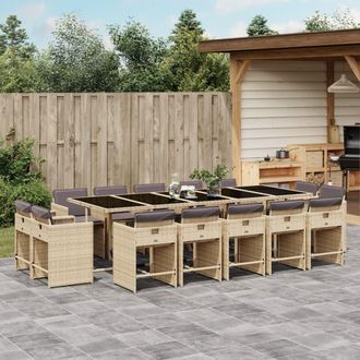 vidaXL Set Comedor De Jard&iacute;n Con Cojines 15 Pzas Rat&aacute;n Sint&eacute;tico Beige Vidaxl