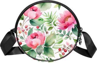 Generic Circle Crossbody Bag for Women, Floral Leaves Small Sling Bag Daypack with Zipper Adjustable Shoulder Straps Casual Ladies Girls Round Purse