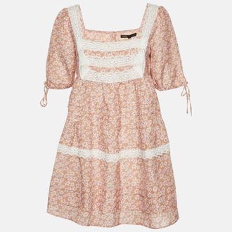 Maje Pink Floral Print Linen Blend Lace Trim Dress