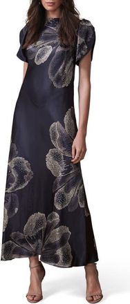 Mint Velvet Floral Print Satin Midi Dress in Navy at Nordstrom, Size 14