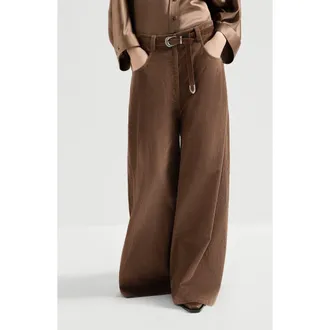 Brunello Cucinelli Stretch cotton and cashmere corduroy five-pocket maxi trousers with monili in Cigar at Nordstrom, Size 40 It