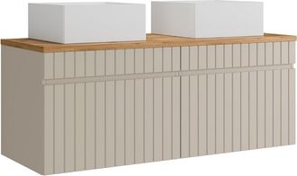 Vente-Unique Mueble de ba&ntilde;o suspendido estriado beige con lavabo sobre encimera cuadrado - 120 cm - SATARA