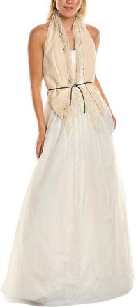 Brunello Cucinelli Champagne Halter Gown With Fringe, Size Medium