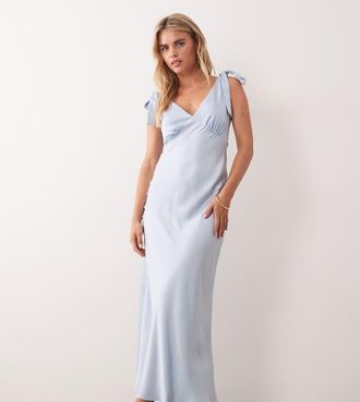 New Look Petite Vestito midi in raso blu chiaro con spalline annodate