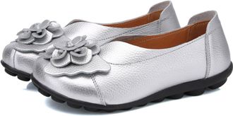 Generic Women Leather Loafer Shoes,Flat Slip on Moccasins Flowers Casual Round Toe Wild Driving Flats Soft Walking Boat Shoes,Silver,4 UK