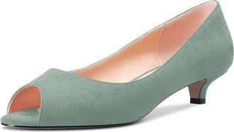 Castamere Women Low Kitten Heel Peep Open Toe Sandals Slip-on Wedding Dress 3.5 CM Heels Light Green Suede 9 UK
