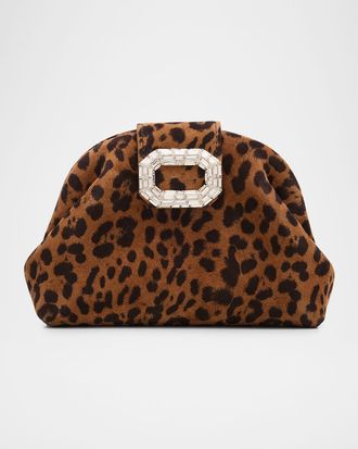 Amina Muaddi Camelia Micro Crystal Buckle Animal-Print Suede Clutch Bag