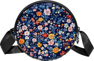 Generic Circle Crossbody Bag for Women, Floral Colored Pattern Small Sling Bag Daypack with Zipper Adjustable Shoulder Straps Casual Ladies Girls Round Purse