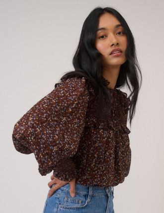 Nobody's Child Brown Ditsy Floral Balloon Sleeve Blouse