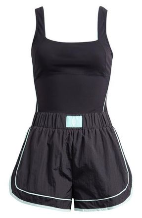 Free People FP Movement Varsity Blues Mixed Media Romper in Black Combo at Nordstrom, Size X-Small