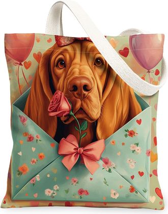Generic Valentines Day Bulldog Dog Canvas Tote Bag for Shopping 13x15, Love Letter Puppy Reusable Grocery Print Bag for Women, Lover Beach Aesthetic Painting 