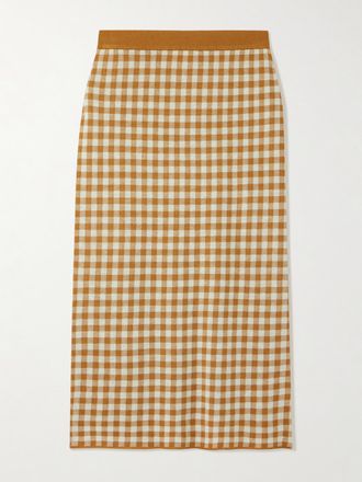 Guest In Residence Gonna Midi In Misto Seta E Lino Jacquard A Quadretti - Marrone