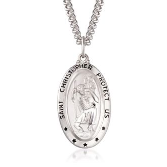 Ross-Simons Mens Sterling Silver and Stainless Steel Saint Christopher Protect Us Pendant Necklace