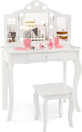 Costway Costway - Tocador De Maquillaje Para Ni&ntilde;a Con Taburete, Juego De Maquillaje Princesa 2 En 1 Con Espejo Triple Plegable De Vidrio Y Caj&oacute;n Para Ni&ntilde;as, J