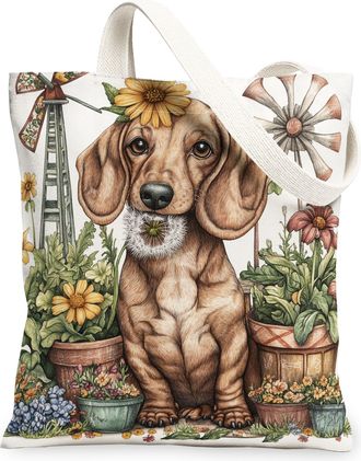Generic Spring Dachshund Dog Canvas Tote Bag for Shopping 13x15, Farmhouse Country Puppy Reusable Grocery Print Bag for Women, Farm Pet Beach Aesthetic Painti