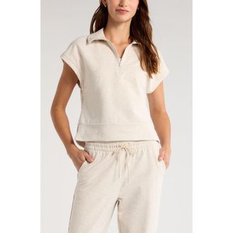 Zella Tempo Terry Half Zip Short Sleeve Sweatshirt in Ivory Birch Oatmeal Heather at Nordstrom, Size X-Large