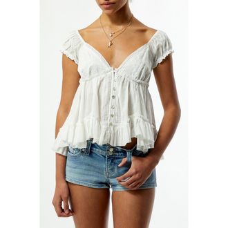 PacSun Ellie Lace Trim Embroidered Bodice Smocked Back Cotton Top in White at Nordstrom, Size Xx-Small