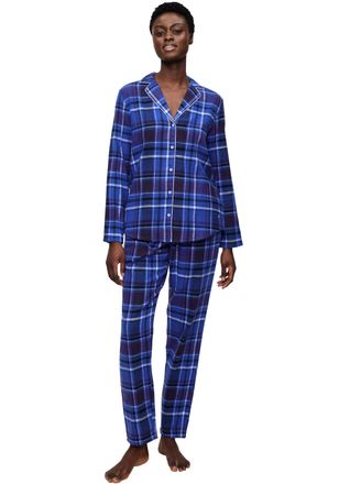 Triumph Schlafanzug TRIUMPH Boyfriend PW 01 X Checks, Damen, Gr. 42, blau (blau, schwarz combination), Flanell, Obermaterial: 100% Baumwolle, lang, tiefer V-A