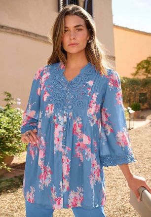 Roaman's Plus Size Juliet Lace Trim Button-Down Shirt in Indigo Watercolor Bouquet at Nordstrom, Size 16