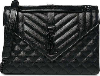 Saint Laurent Black Grain de Poudre Leather Textured Mixed Triquilt Medium Monogram Monochrome Satchel (Authentic Pre-Loved)