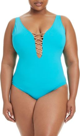 Bleu Rod Beattie Lace Down One-Piece Swimsuit in Waterfall/Rose Gold at Nordstrom, Size 20W