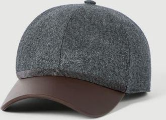 Brunello Cucinelli Virgin wool flannel and nappa leather baseball cap with shiny band in Dark Grey at Nordstrom, Size Medium