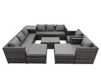 Fimous 10 Seater Garden Outdoor Rattan Furniture Set & 2 Big Stools in Dark Grey