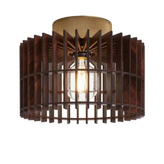 Industville Rift Slatted Wooden Drum Semi Flush Mount Light - Dark in Gold | Size: Medium