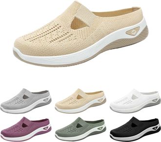 Generic Orthopedic Slippers for Women UK Summer Air Cushion Slip-On Shoes Mesh Half Drag Walking Shoes with Arch Support Ladies Breathable Knit Mule Sneakers 