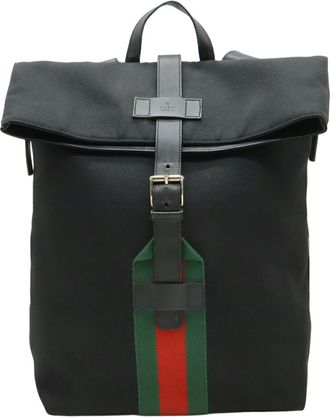 Gucci Black Green Red Color Canvas Leather Backpack (Pre-Owned)