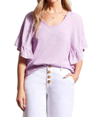Tribal Raglan Pop Over V Neck Double Frill Short Sleeve Top In Lilac