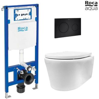 Roca Bastidor Empotrado Roca Duplo Pack Con Cisterna Y Pulsador Pl10 Neg Mat, Con Inodoro Suspendido Rimless Lia De Azulbath