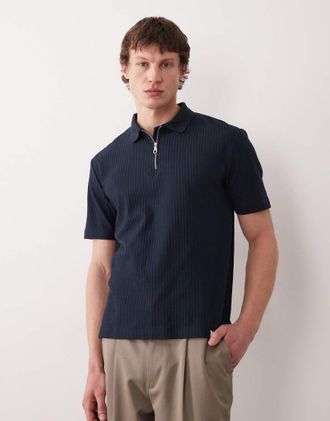 Farah Dobson - Polo blu navy a maniche corte con logo e zip corta