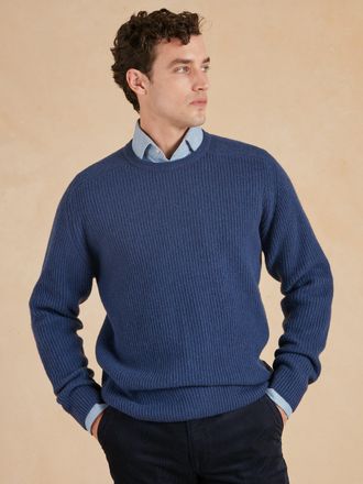 Oliver Brown Lambswool Rib Stitch Crew Neck - Ink Blue