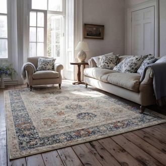 Kukoon Beige Ivory Floral Distressed Machine Washable Living Room Area Rug in Cream | Size: 160 cm x 230 cm