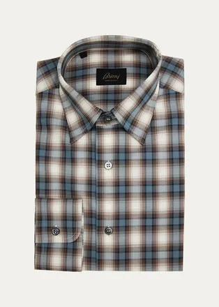 Brioni Mens Plaid Cotton Dress Shirt