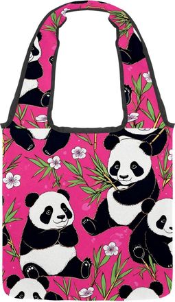 Generic Cute Panda on Pink Reversible Canvas Shoulder Tote - Double-Sided Print, 12oz Cotton, 27cm Drop, Fold-Flat Bag for Travel, Shopping, Street Outings