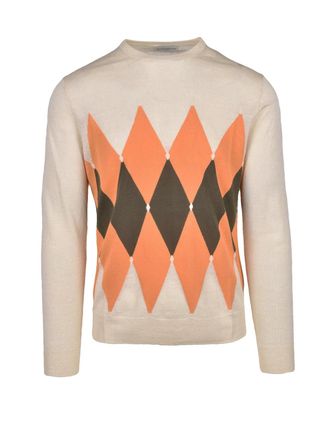 Ballantyne Brushed Crewneck Sweater with Argyle Pattern in Beige and Orange
