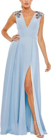 Mac Duggal Beaded Cap Sleeve V Neck A-Line Gown