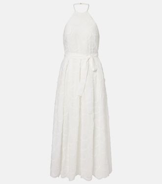 Elie Saab Embroidered belted cotton-blend midi dress