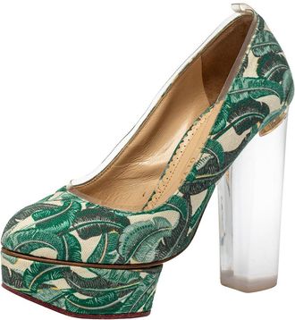 Charlotte Olympia Green Leaves Printed Canvas And Pvc Mabel Platform Pumps