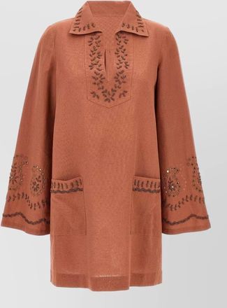 Fortela beaded cotton v-neck long-sleeve dress