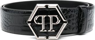 Philipp Plein hexagon logo-buckle leather belt - men - Calf Leather - 115 - Black