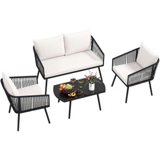 Costway Set di mobili da giardino da 4 pezzi, set da conversazione in corda intrecciata in PE con cuscini e tavolino da caff&egrave; in vetro temperato, per