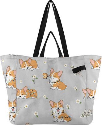 Generic Dog Flower Gray pattern Reusable Canvas Tote Bag, Heavy Duty Grocery Shopping Bag with Double Handles Large Capacity Hard Bottom Work Groceries Travel