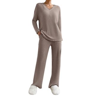 Generic Loungewear Sets For Women, Lounge Wear Sets for Women UK - 2PCS Tracksuit Full Set Pjs Loungewear Sleepwear Homewear Ribbed Pullover Top and Wide Leg 